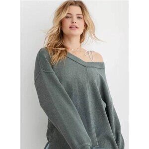 Aerie Women’s Wonder V-Neck Pullover Sweatshirt Grayish Green XS Oversized